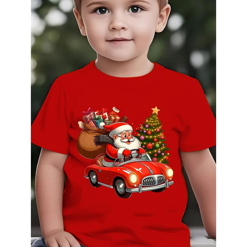 Boys' Christmas & Summer Short Sleeve T-Shirt Santa Claus Cartoon Print Christmas Girl's T-shirt Tops