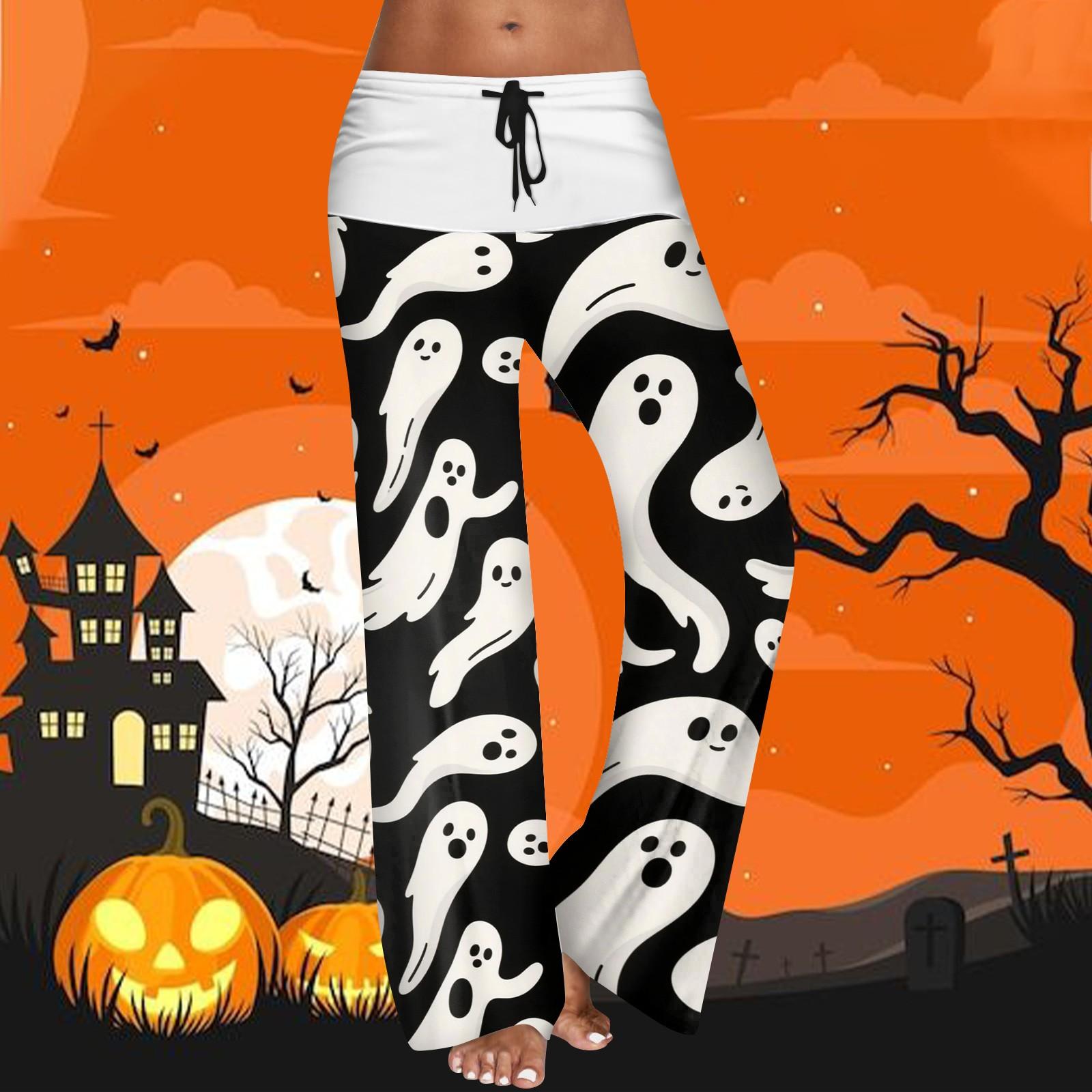 

Женские повседневные брюки с эластичным поясом на кулиске, широкими штанинами, цветной вставкой и принтом на Хэллоуин L