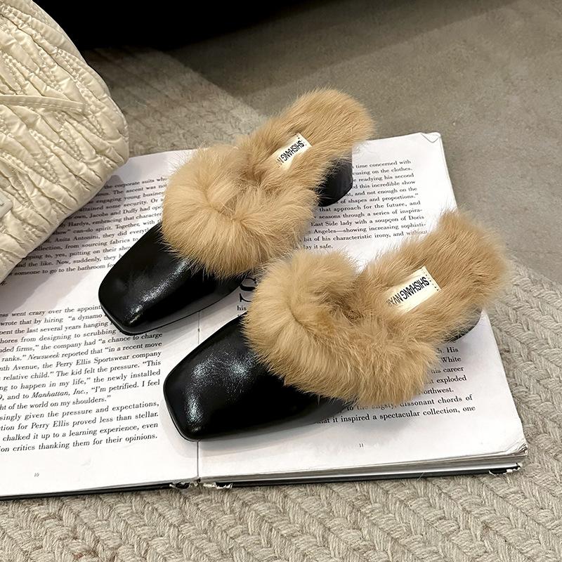 Mao Mao Slippers Women's Outer Wear 2025 Autumn Thick Heels High Heels French High-end Sense Bag Head Cotton Drag Temperament Muller Shoes