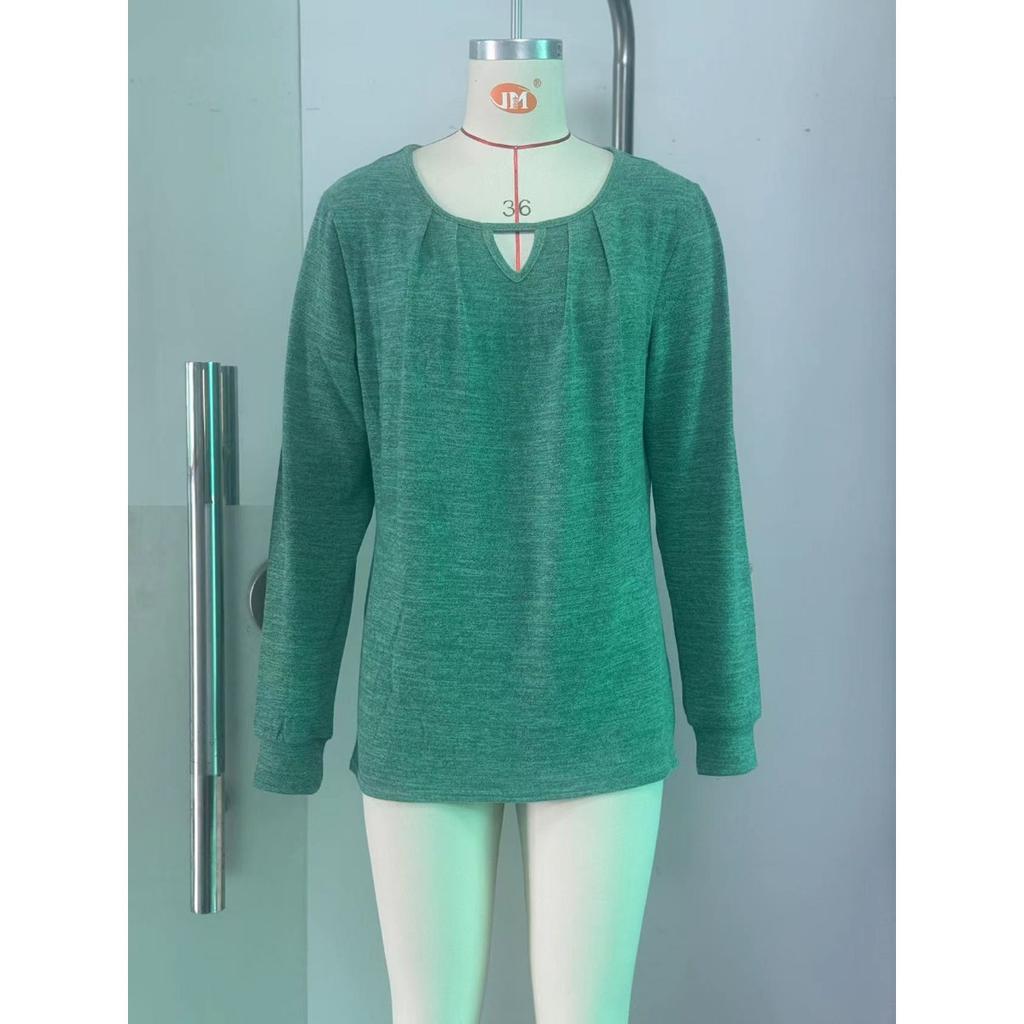 Women's Solid Color Crinkled Brushed Cutout Loose Long Sleeve T-shirt Fall Winter Casual Tops Leisure Export