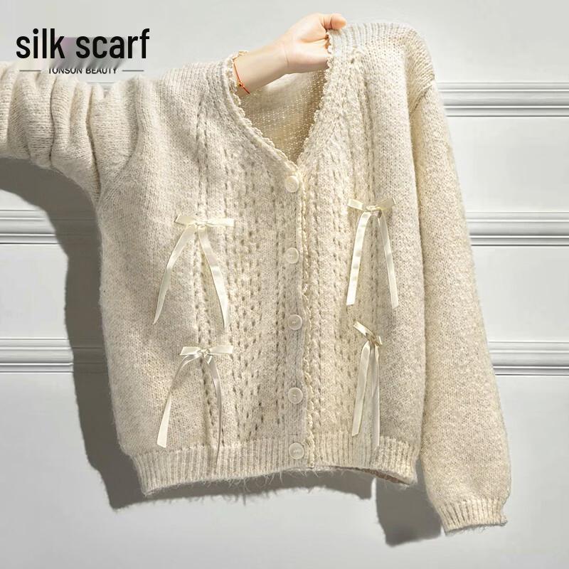 Women s V-Neck Long Sleeve Cardigan Sweater with Bow Detail One Size