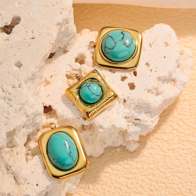Oval Turquoise Stone 18K Gold-Plated Stainless Steel Pendant Necklace and Earring Charms
