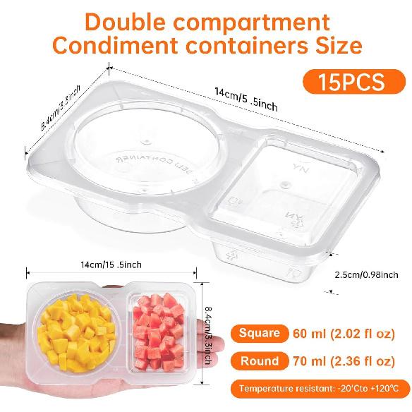 15 Sets Double Compartment Condiment Containers with Lid, Transparent Small Plastic Dipping Containers for Condiments or Dips, Sauce Snack, Salad