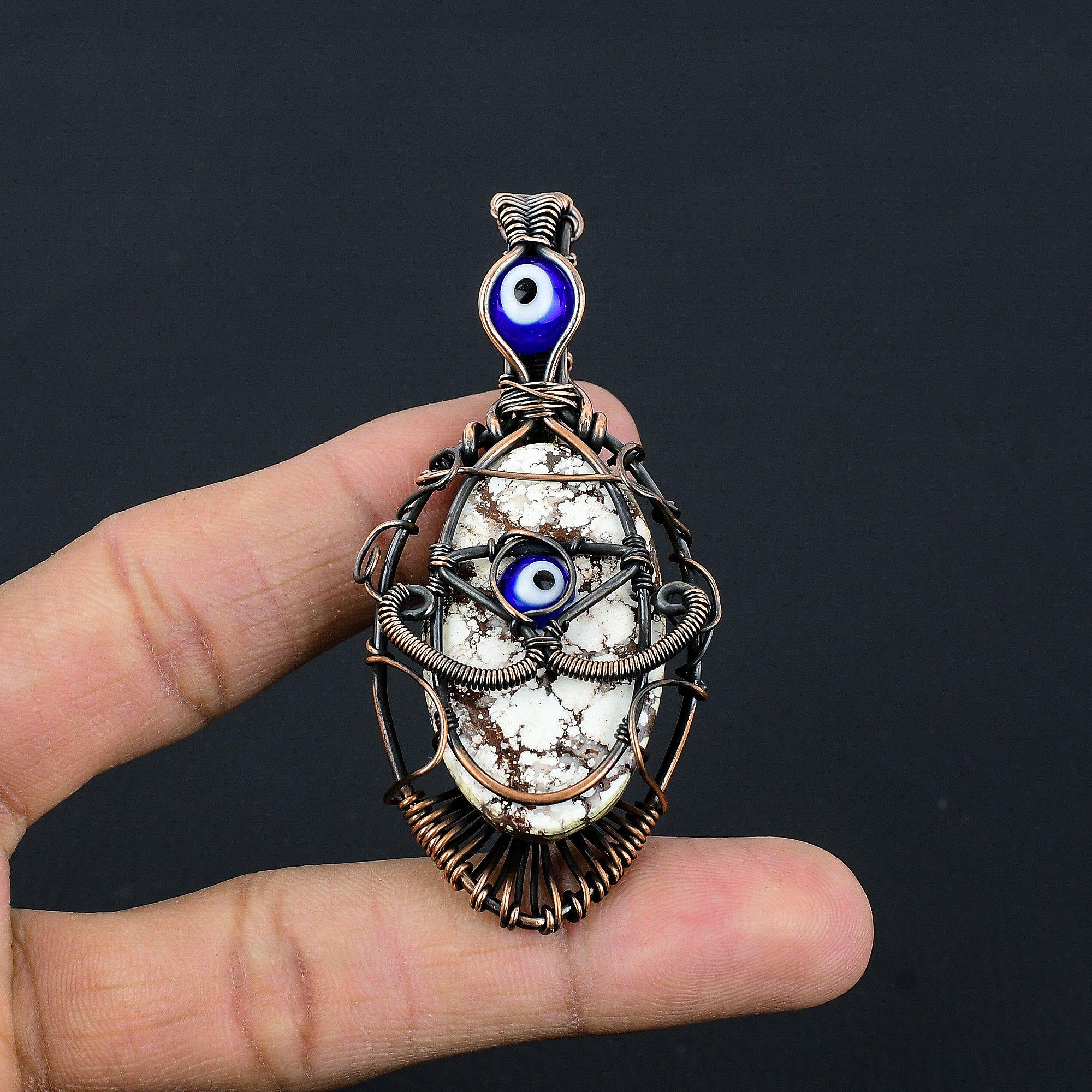 

Wild Horse & Blue Evil Eye Pendant Gemstone Jewelry, 999 Copper Wire Wrapped Handmade Pendant, Latest Design Jewelry 2.55 Inches