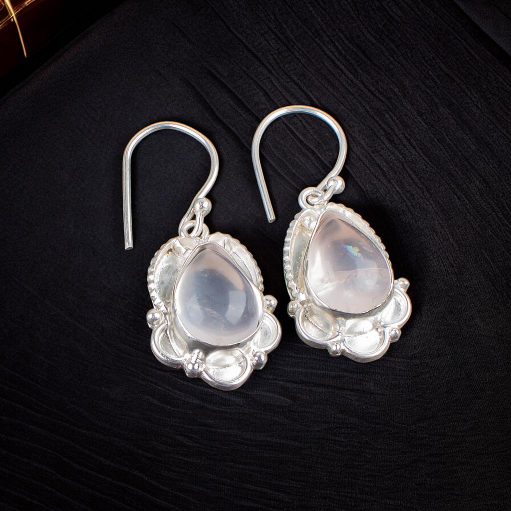 Rosenquarz Edelstein 925 Sterlingsilber Handwerkerschmuck Ohrringe für Mutter EE-41-22