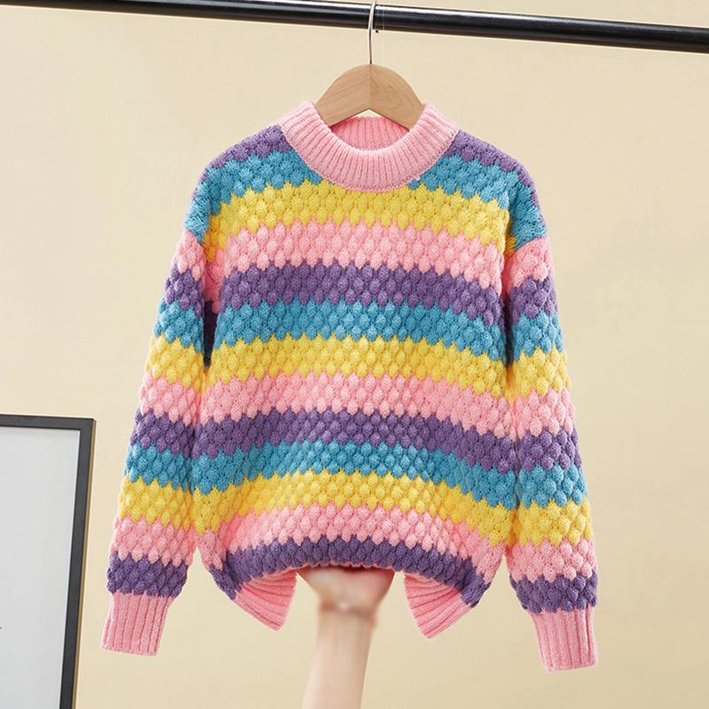 

Детский вязаный свитер, пуловер в радужную полоску 140