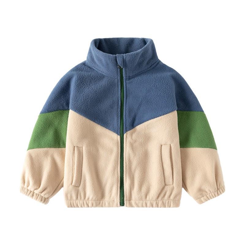 Boys Fleece Jacket Kids Colorblock Casual Top 2026 Stand Collar Zip Up Outerwear