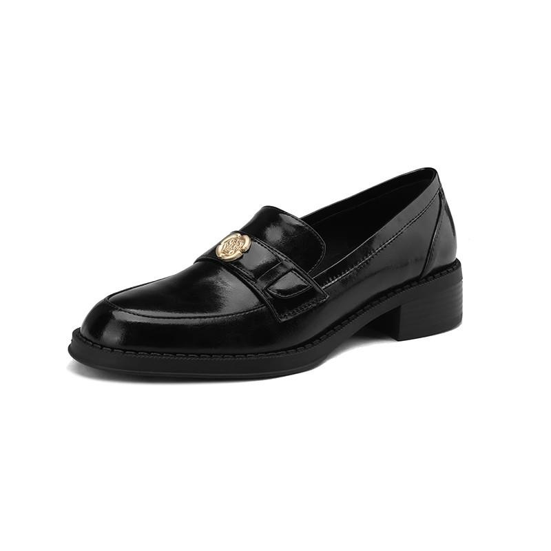 Ruodan, Left Bank Paris~! Bold Heel British Gold Buckle Loafers Women'S Small Leather Shoes Patent Leather Black Single Shoes