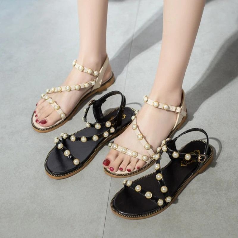 Fashion Women's Sandals Comfortable and Elegant Pearl Buckles Ladies Shoes Sales Pvc Asian Size Sandal Anti Slip Hot Low Price Footwear
