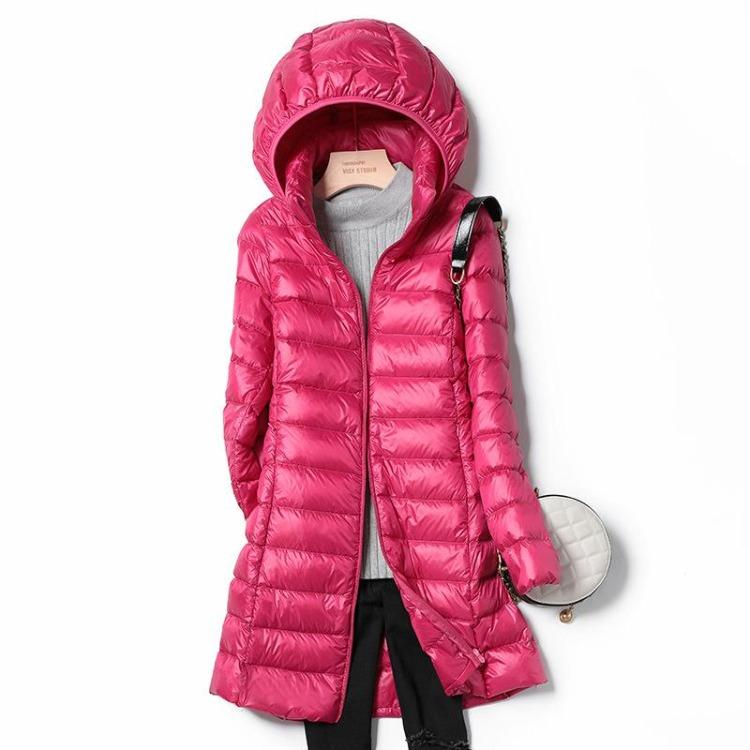 Women Light Down Jacket Long Warm Coat Female Hip Length Overcoat with Portable Storage Bag High Street Ladies Outerwear