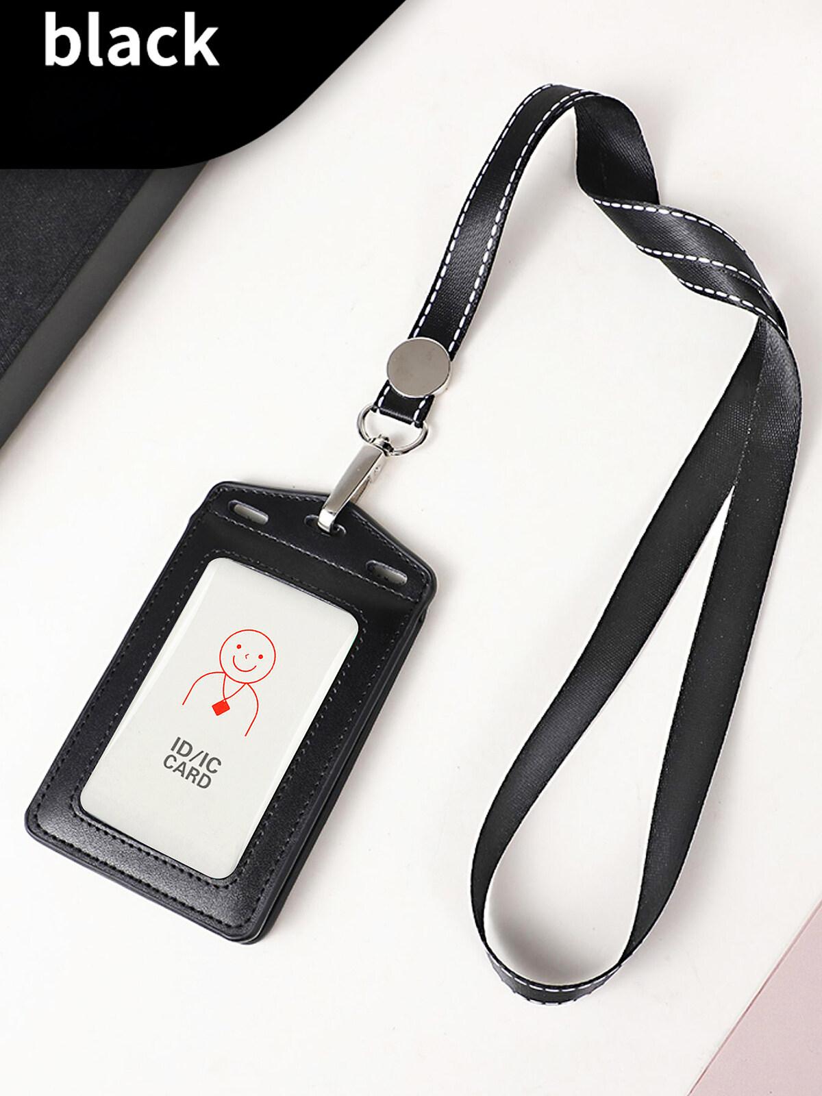 Women and Men Badge Holder Trifold Leather Card Holder with Clear ID Window and Detachable Lanyard for Business Worker Black Blue