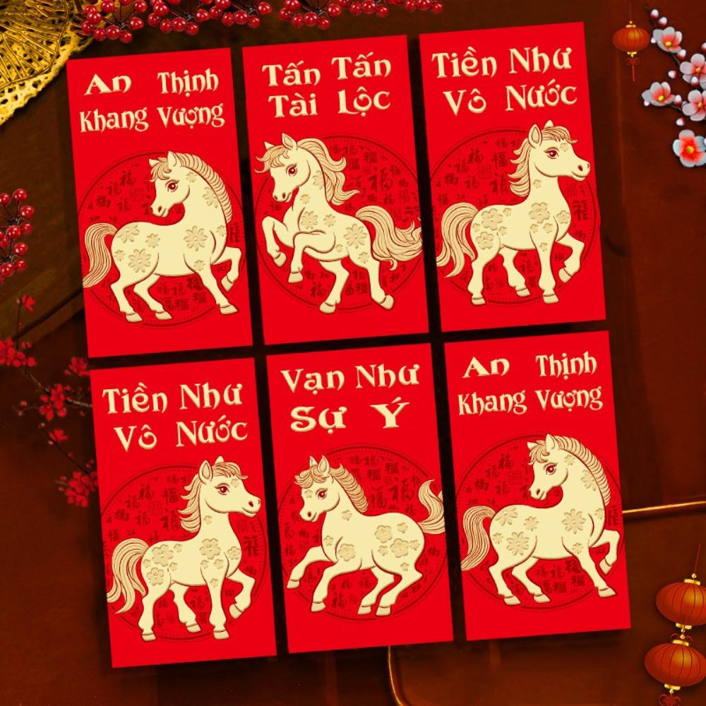 6pcs 2026 Horse Year Vietnamese Red Envelopes Traditional Chinese Style Lucky Money Envelopes Blessing Cartoon Red Packets