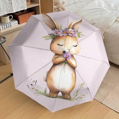 1 buc. Design Umbrelă cu Model de Flori și Iepure, Umbrelă cu Deschidere și Închidere Automată, Umbrelă de Călătorie de Înaltă Calitate, Ușoară și Portabilă, -1002120