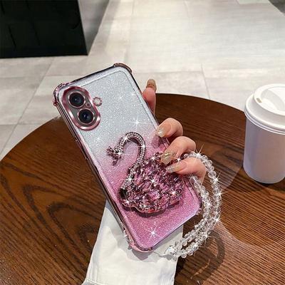 Suitable for Rhinestone Swan Bracket Apple 16Pro Mobile Phone Case 14 Electroplated IPhone 15 Four Corner Anti-fall Cover 3