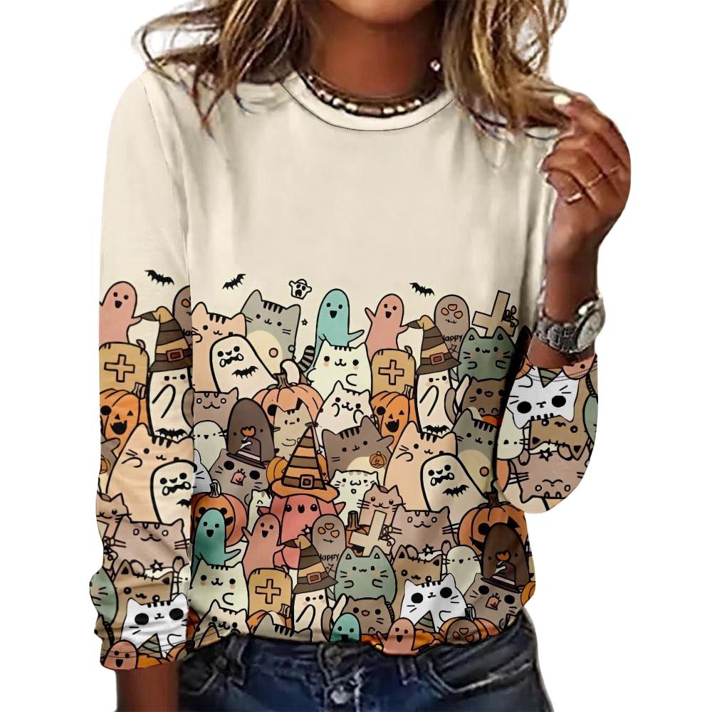 Women's Halloween 3D Printed Pumpkin Face Bat Long Sleeve Shirt Autumn Loose Casual Polyester Round Neck Fashion Casual Top