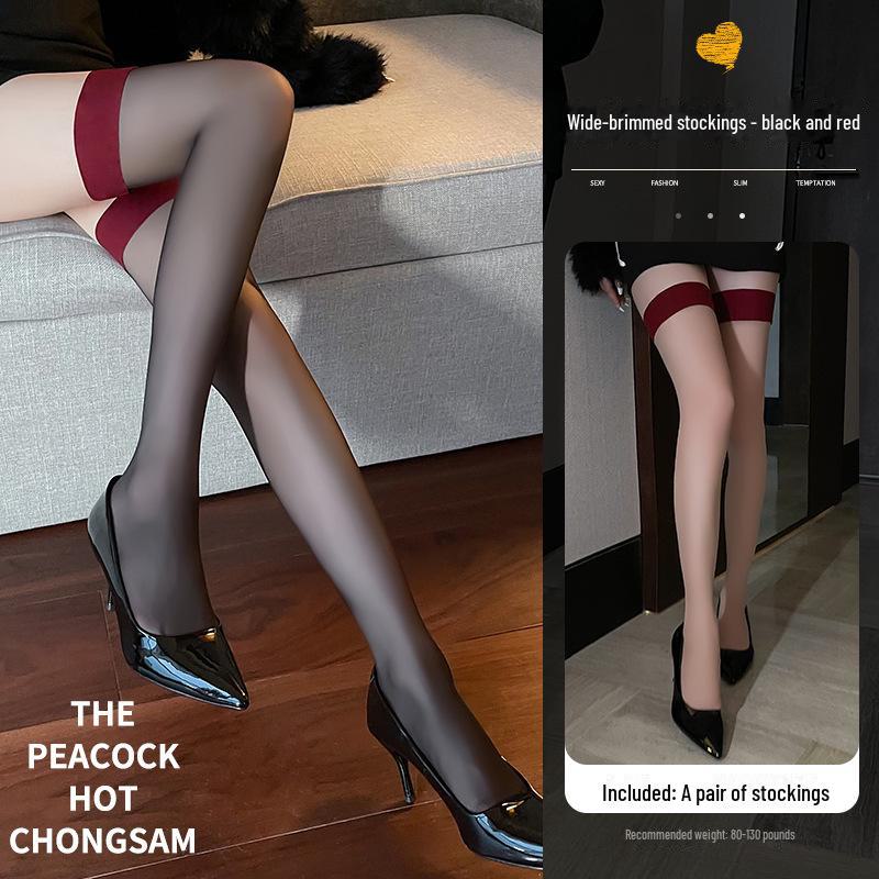Manyan 1D Contrast Color Thigh-High Stockings: Sexy, Non-Slip, Wide Edge, Transparent Toe, Silicone Grip.