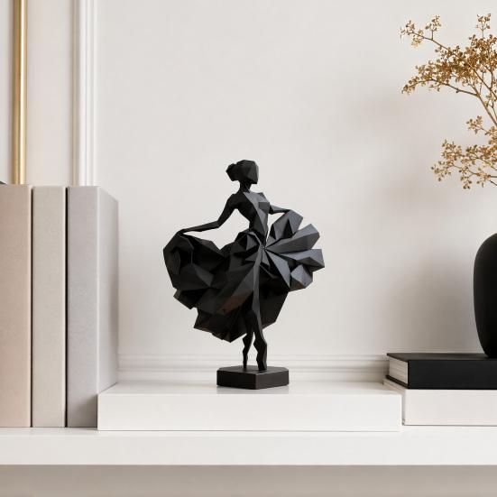 Geometric Faceted Dancer Figurine, 3D Printed Black Ballet Dancer Statue, Modern Ballerina Sculpture for Home Shelf Table Decor