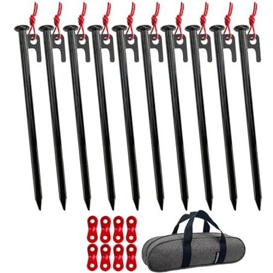 YOGOTO 30cm Peg Set Hard Soil Sandy Ground Grass 10mm Stake Tent (10 Pieces Glow-in-the-Dark Rope Adjustable Fittings Storage Case)
