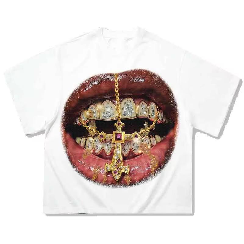 Labbra Chic Denti Dorati Vintage T-shirt Rock Goth Casual Estiva Manica Corta High Street Oversize T-shirt Harajuku Stampa Grafica