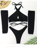 Damen Dreiteiliger Langarm-Bikini-Set - Gestreifter und Einfarbiger Badeanzug