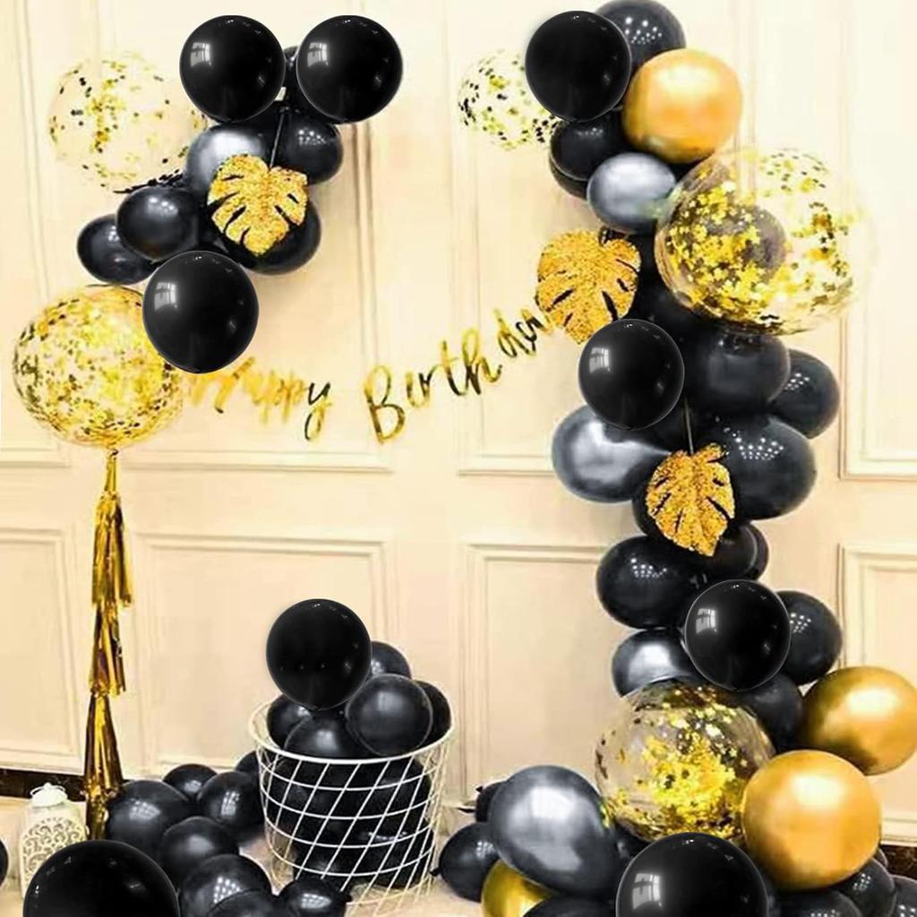 12inch 50pcs Gold Black Latex Balloon Set with Confetti, Suitable for Weddings, Birthdays, Themed Parties, and Family Gatherings