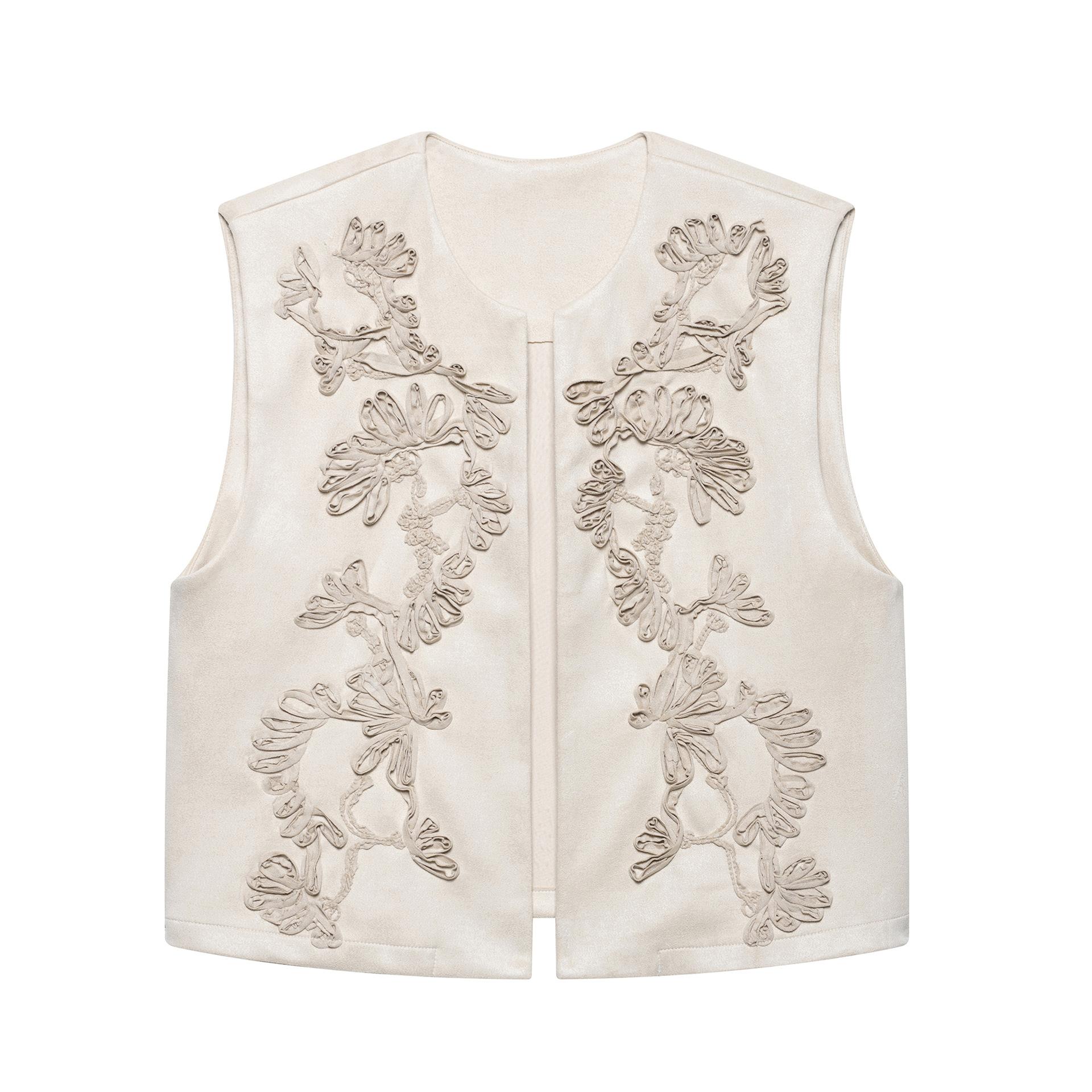 

Women S Fashion Embroidery Suede Textured Vest XS білий