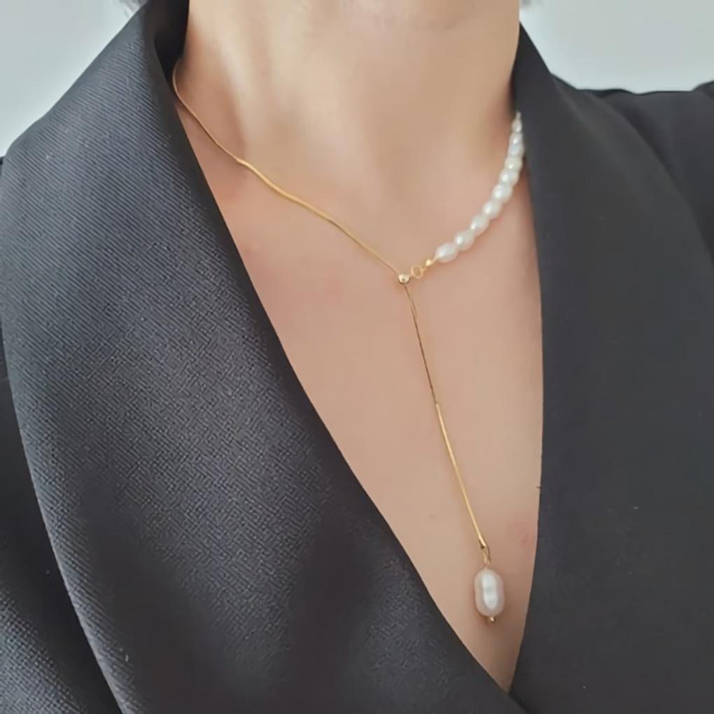 Damen Naturperlen-Tropfen Schlangenkette Halskette