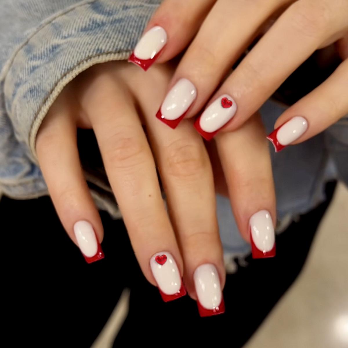 

Красные Минималистичные Французские Кончики Сердечки Стразы Съемные Накладные Ногти