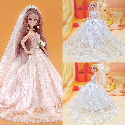 Hochzeitskleid für Puppen im Maßstab 1:6 mit langem Schleier und weitem Rock, 30 cm großes SD-Puppen-Anziehzubehör