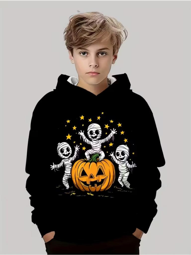 Halloween Hoodies for Kids Cute Ghost Pumpkin Graphic Sweatshirt Cartoon Black Print Holiday Gift Children's Clothing