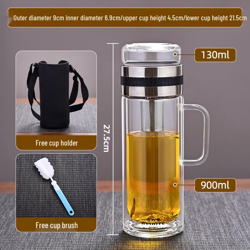 High Temperature Resistant Large Capacity Glass Tea Cup with Infuser, Double-Walled, Heat Insulated, and Portable Borosilicate Glass.