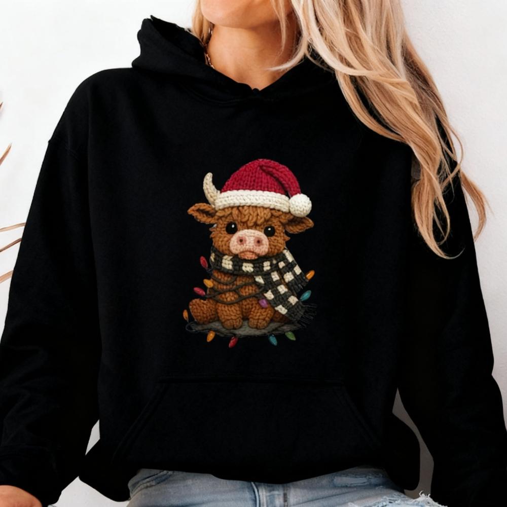 Cow Printed Women Hoodie Christmas Cow Graphic Winter Autumn Top Women Long Sleve with Pocket Casual Daily Sweatshirt Xmas Tops