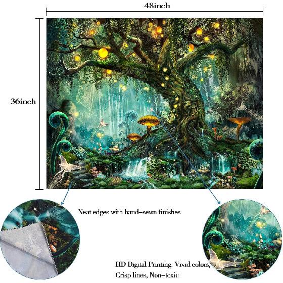 YEXIT Fairy Tales Magical Forest Tapestry, Nature Tree of Life with Elves Landscape Tapestry Wall Hanging for Living Room BedRoom Decoration Green