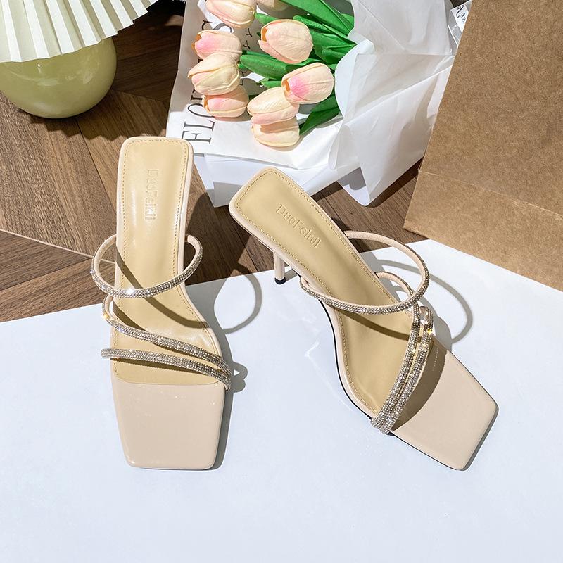 

French high-end rhinestone high-heeled one-word slippers women s 2025 summer new stiletto wear sandals temperament sandals 34