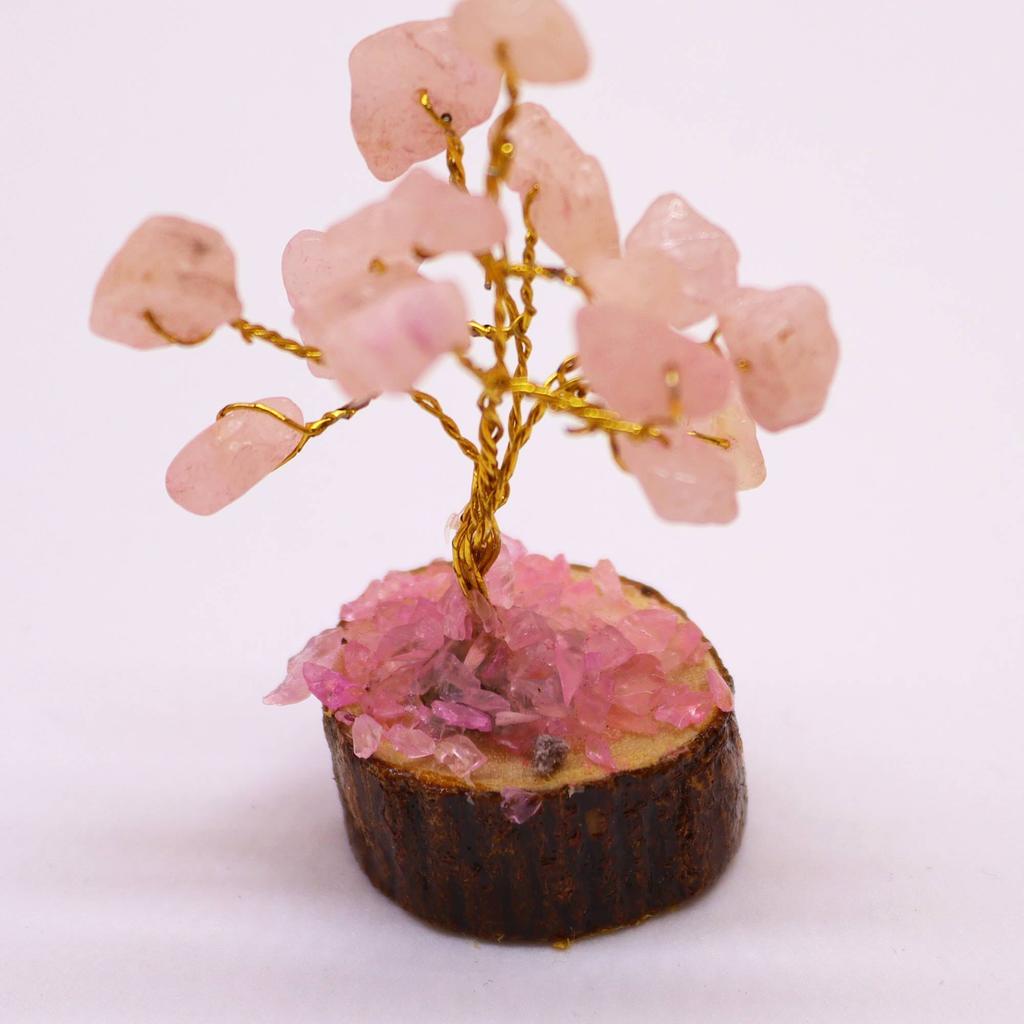 Rose Quartz Gemstone Tree Wood Base 15 Gemstones
