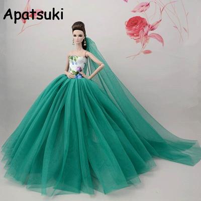 Green Chinese Flower Doll Clothes For Barbie Doll Dress Long Tail Evening Gown Clothes Wedding Dresses +Veil Doll Accessories