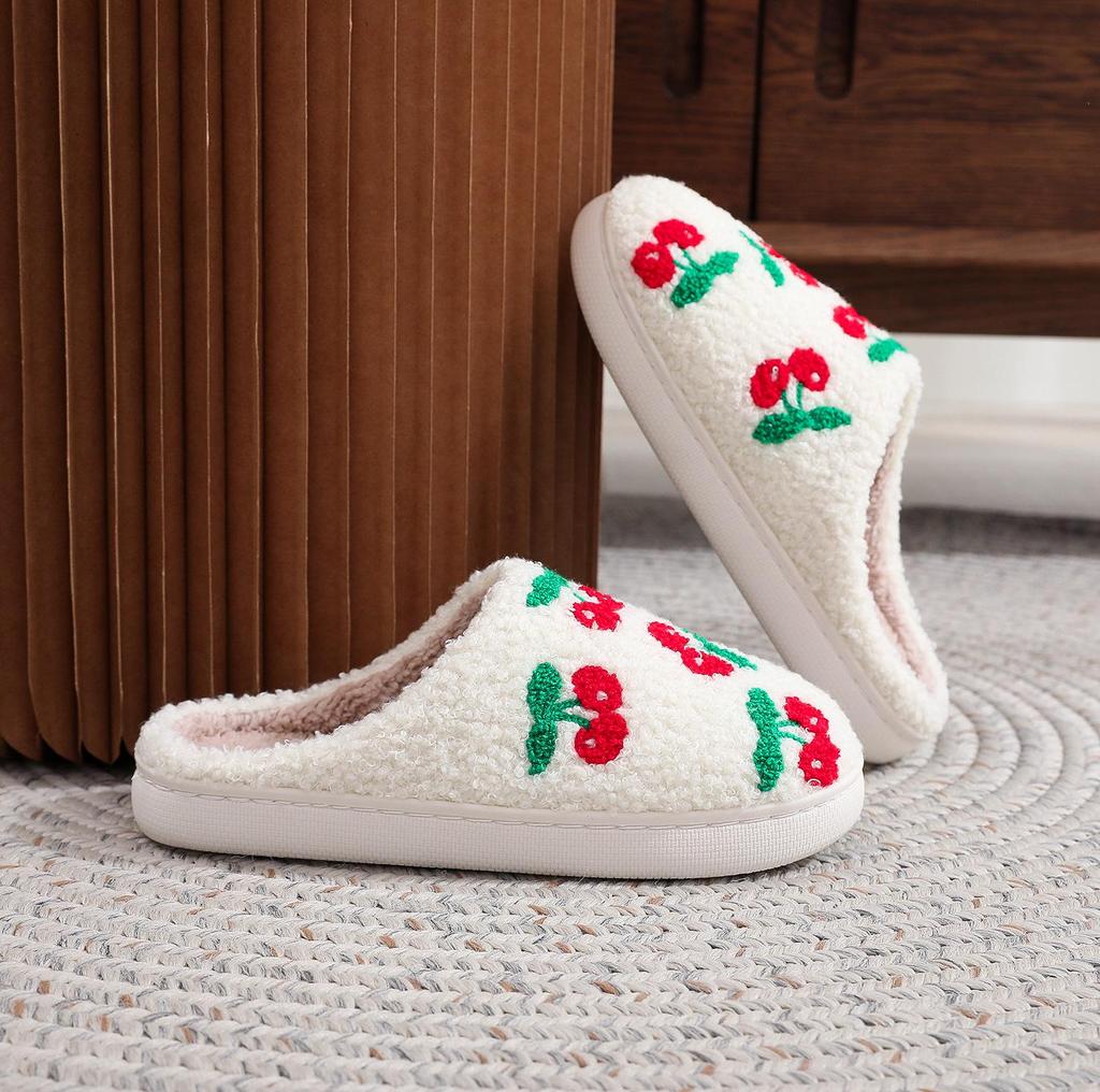 Cherry Embroidery Red Cotton Fur Slippers for Women - Cute Indoor Footwear
