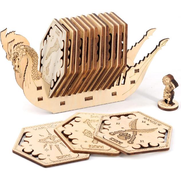 D&D Class Coasters Set of 14 with Holder Hexagon Gaming Mug Mats Wooden Laser Engraved DND Classes Icons Gift for Dungeons and Dragons Fans, Game