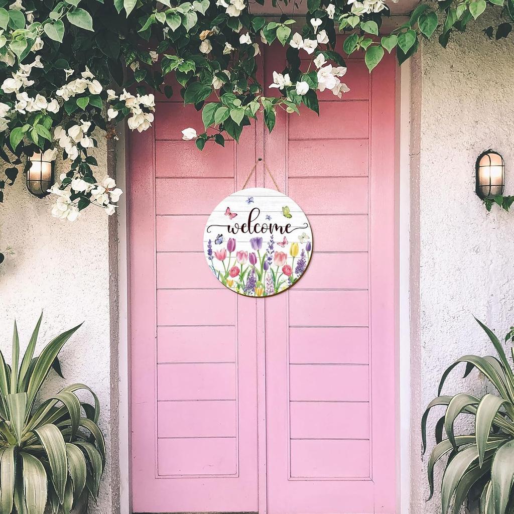 Summer Flower Welcome Door Sign Tulip Wooden Hanging Sign Floral Butterfly Door Hanger Sign for Spring Summer Holiday Indoor Outdoor Farmhouse Home