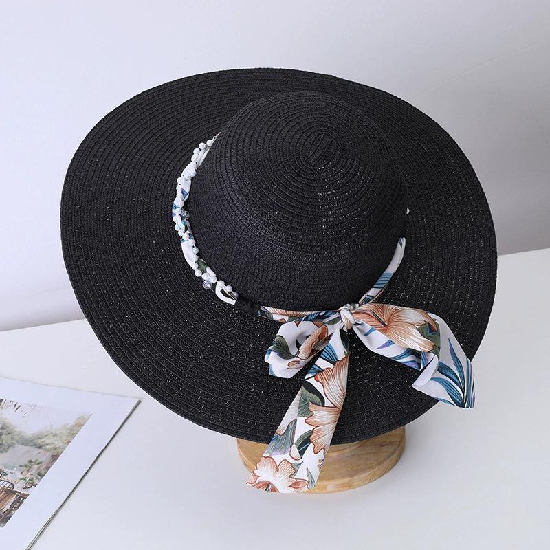 New Women's Summer UV Protection Sweet Ribbon Seaside Vacation Sunshade Bucket Hat Bow Large Brim Straw Hat