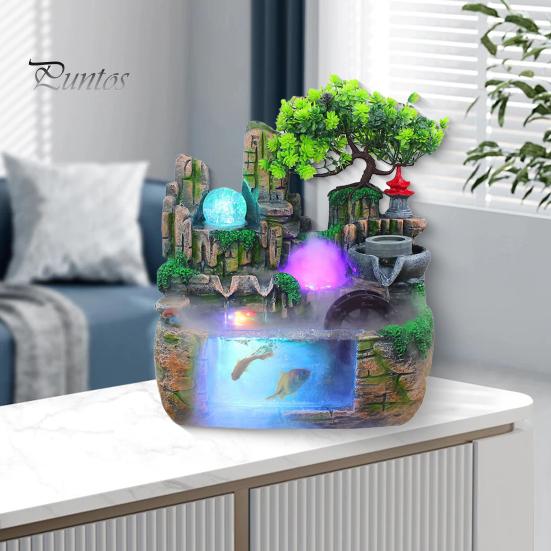 Indoor Fountain Waterfall with LED Faux Crystal Ball Rockery Flowing Water Mini Fish Tank Decoration with Water Atomiser Living Room Home Office