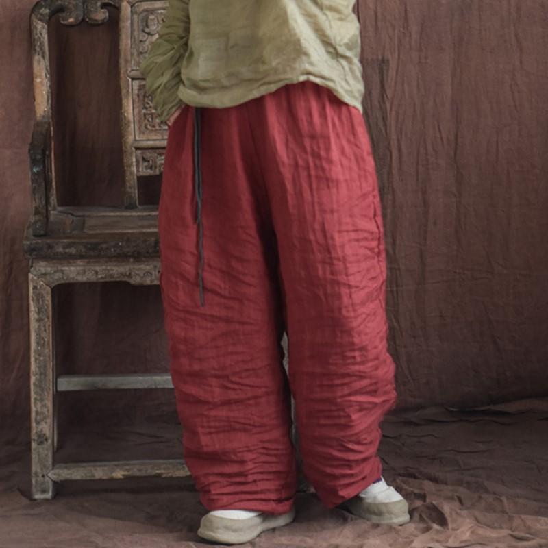 Johnature Women Vintage Loose Spring Wide Leg Pants Elastic Waist Linen Trouser Solid Color Bandage Women Long Pants