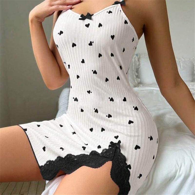 Summer New Style Women's Pajamas Heart Shaped Printing Contrast Color Homewear Split Lace Suspender Skirt