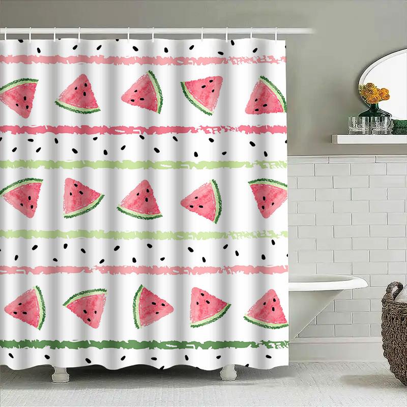 Watermelon Shower Curtain Watercolor Bath Decor For Bathroom Decoration Pink Green Stripe Design Waterproof Fabric Easy Installa
