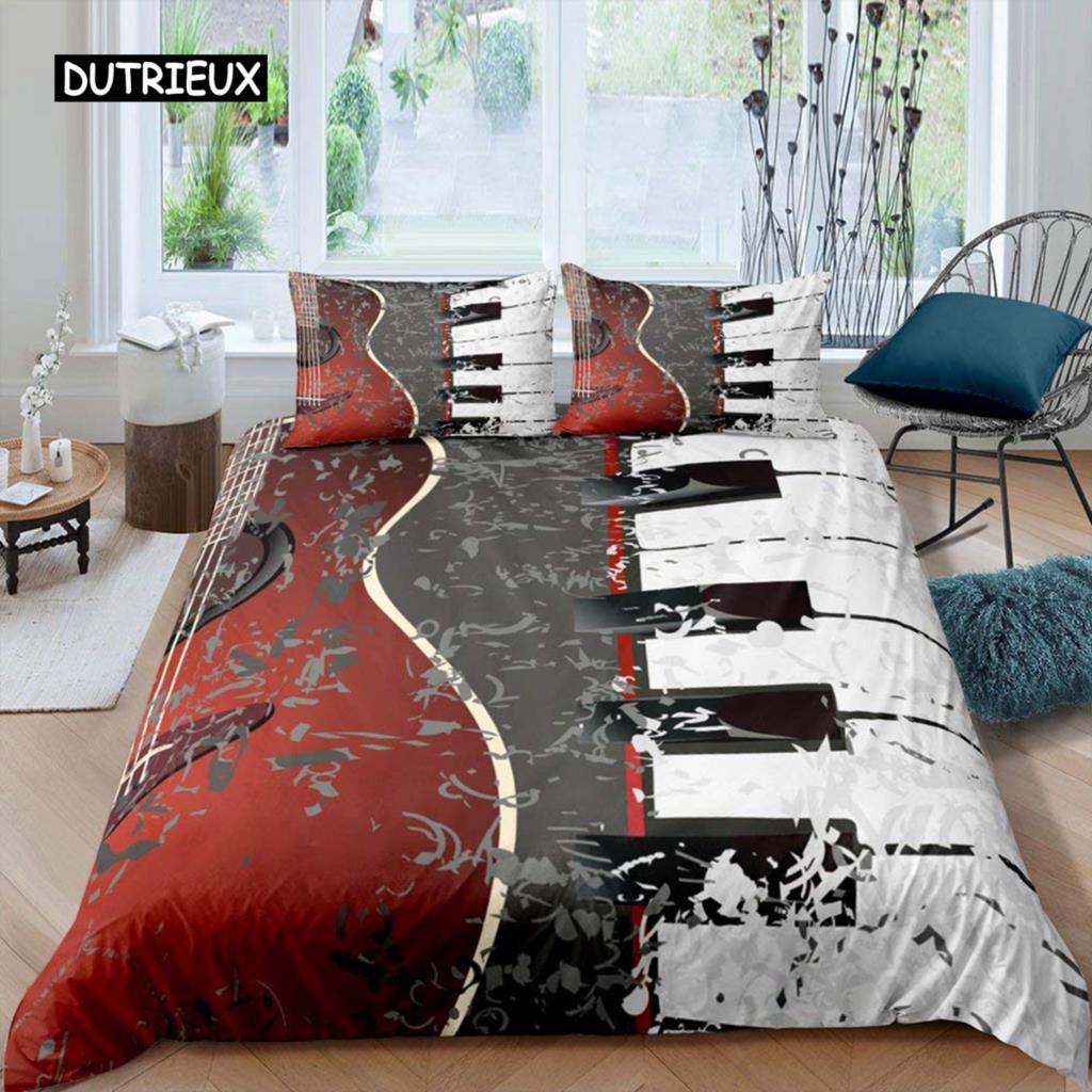 Piano Pattern Duvet Cover Microfiber Classic Music Themed 2/3Pcs Bedding Set Musical Pattern Geometric Stripe King Quilt Cover
