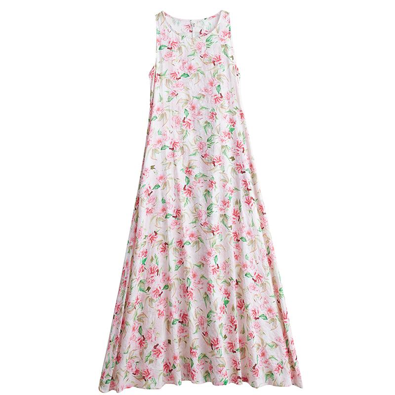 DIMANAF 2025 Women Summer Dress Ladies Basic Long Linen Flower Dress 8236