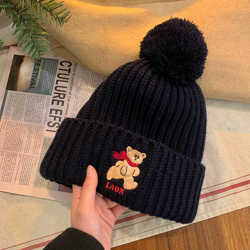 Cute Bear Coffee-colored Knitted Wool Hat for Women's New Winter Warm and Thickened Face Small Ear Protection Hat Tide
