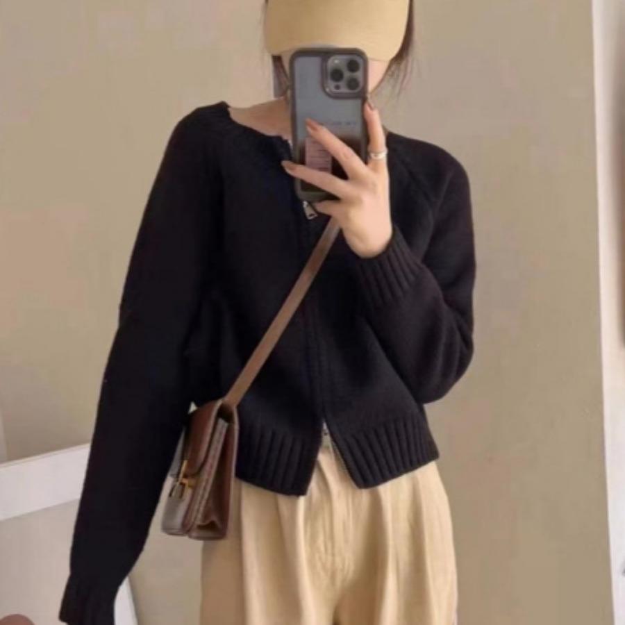 

Однотонный короткий свитер-куртка осень-зима, женский толстый трикотажный кардиган с длинными рукавами и застежкой-молнией One size чёрный