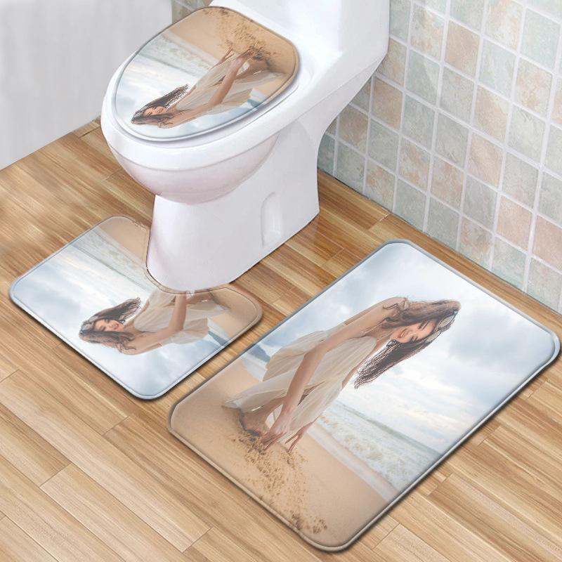 Beach View Bathroom Floor Mat Three-Piece Toilet Carpet Toilet Mat Set Door Mat Bathroom Non-Slip Mat