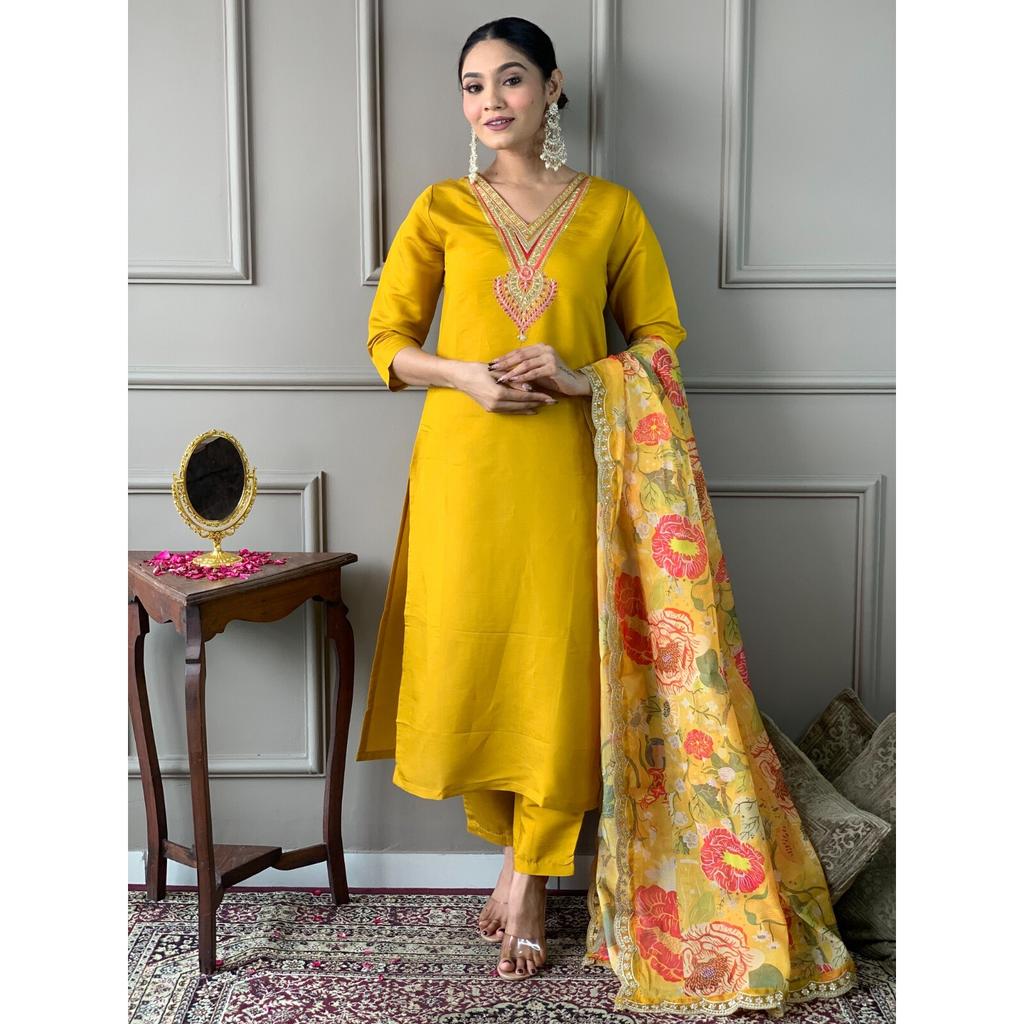 Women Bollywood Chanderi Kurti Indian Designer Top Tunic Kurta Pant Dupatta Set SC-2289